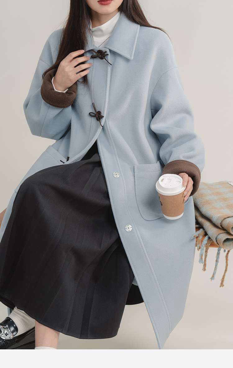 バイカラーダッフルロングコート｜デート服