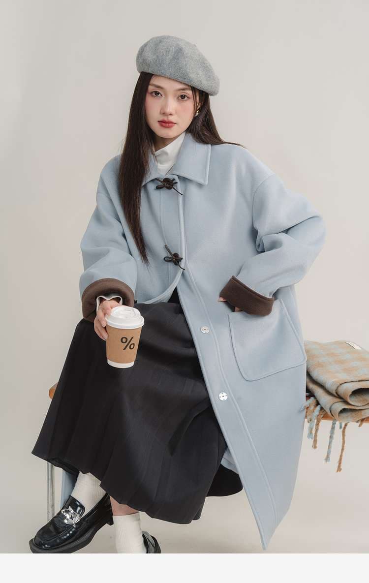 バイカラーダッフルロングコート｜デート服