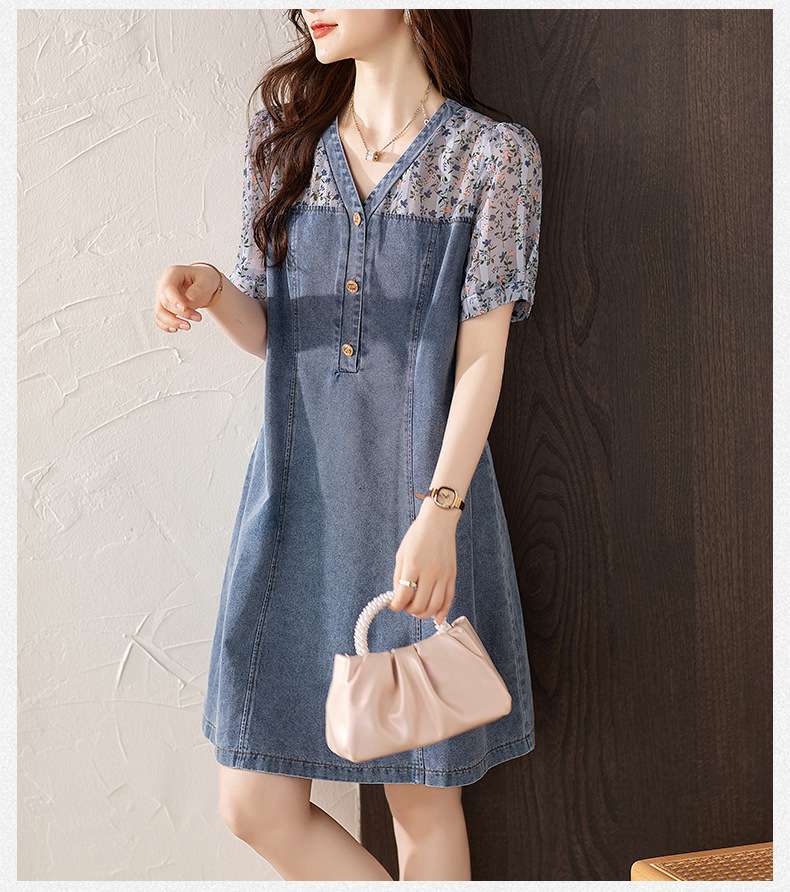 花柄切り替えデニムワンピース｜デート服