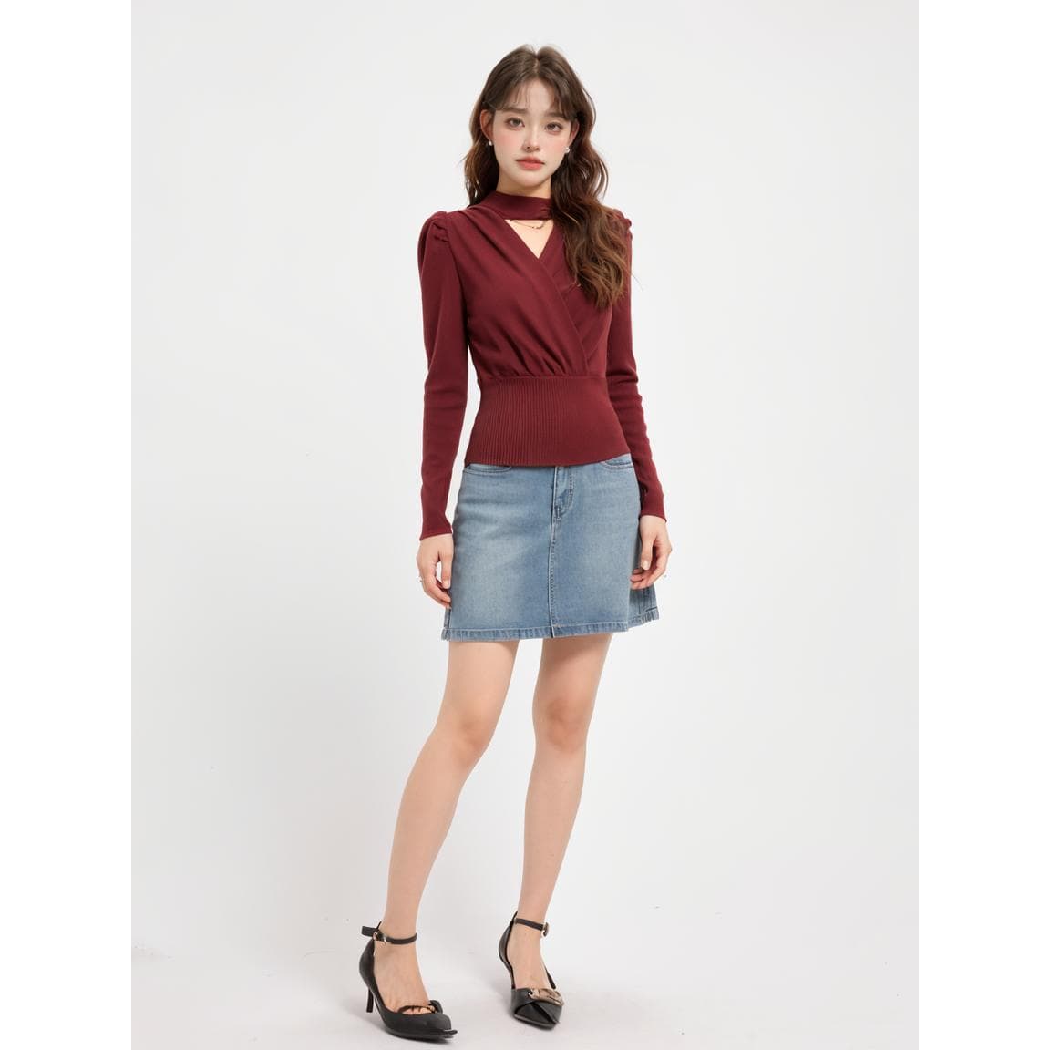 カットアウトディテールパフスリーブトップス｜デート服