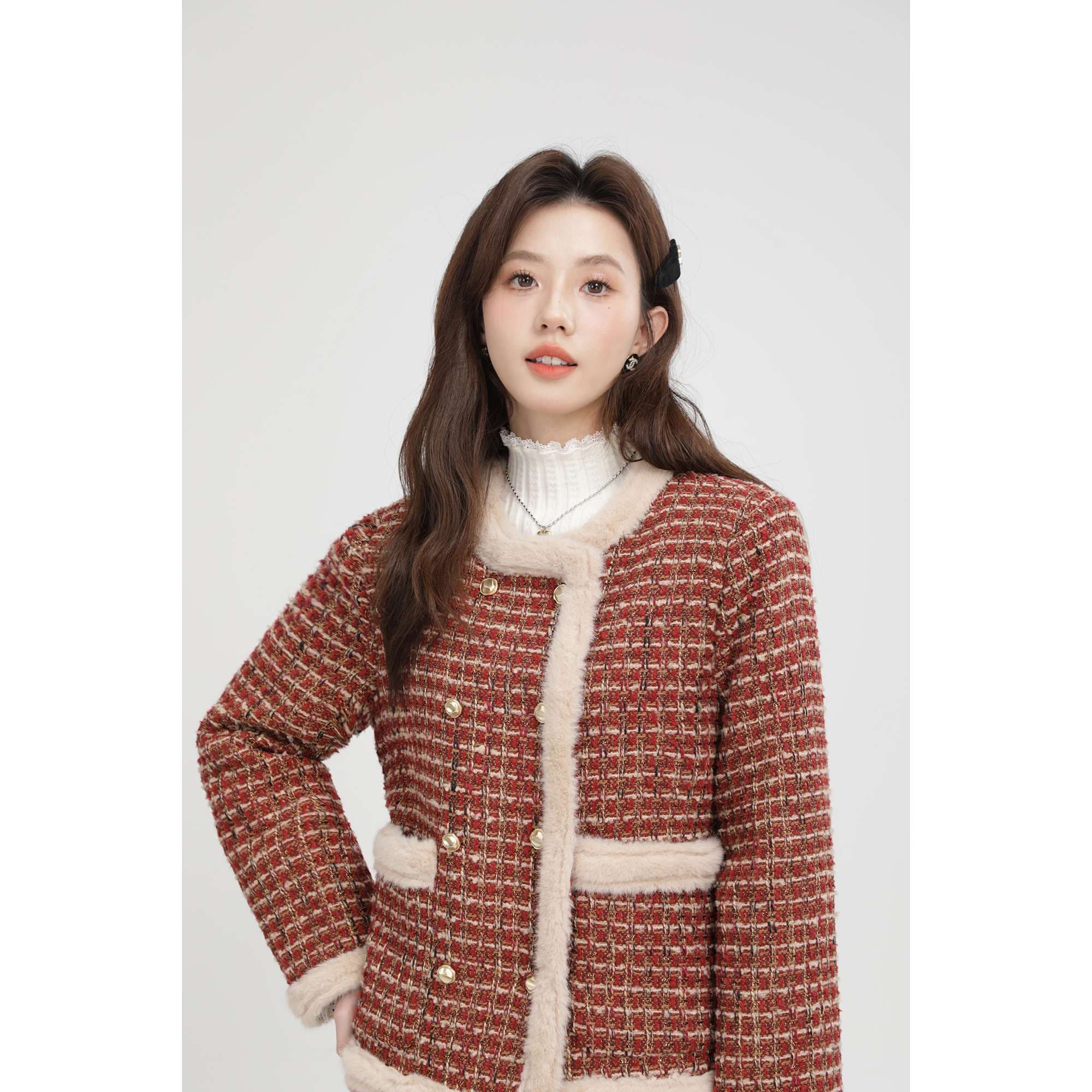 ファー付きツイードセットアップ｜デート服