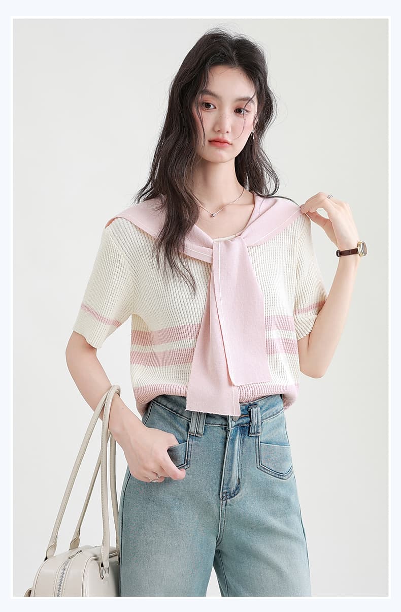 肩掛け風ボーダーニットトップス｜デート服