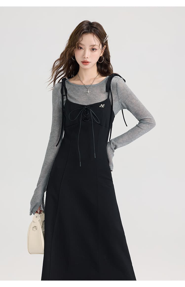 レースアップキャミワンピース＆シアーリブニットトップスセット｜デート服