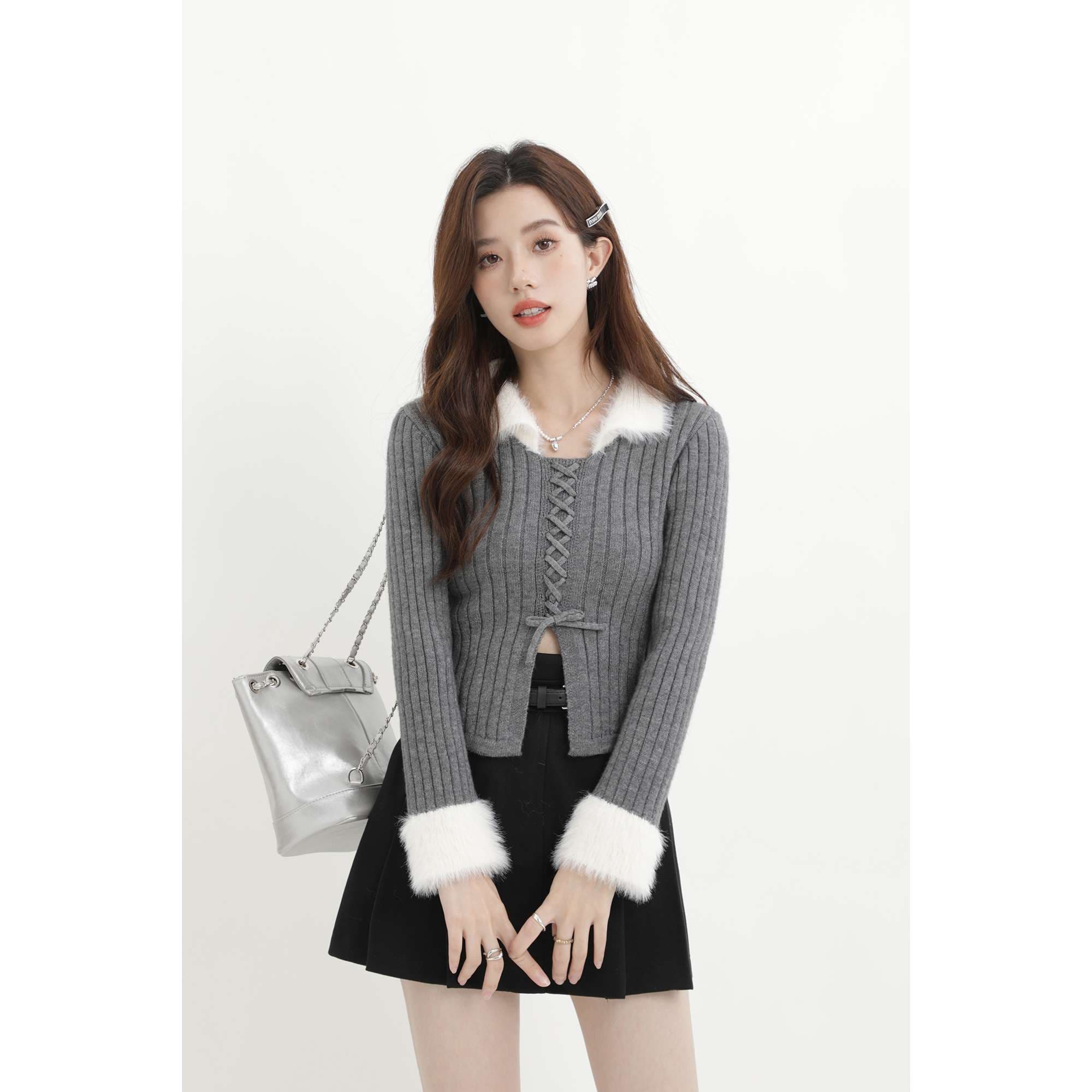 フェザー襟付きリブ編みレースアップニット｜デート服