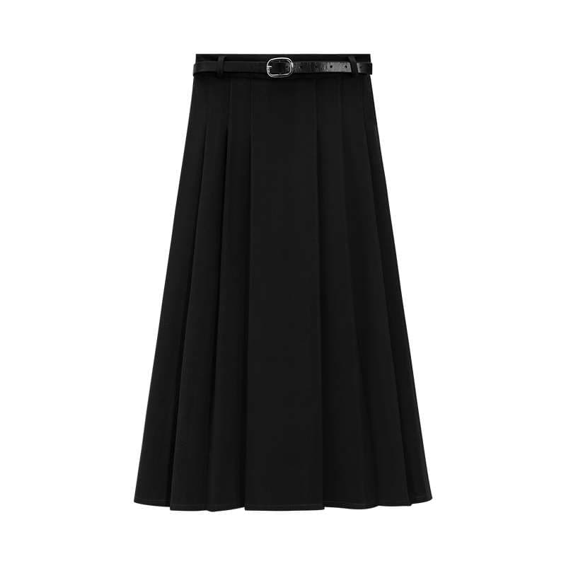 ベルト付きプリーツミディスカート｜デート服