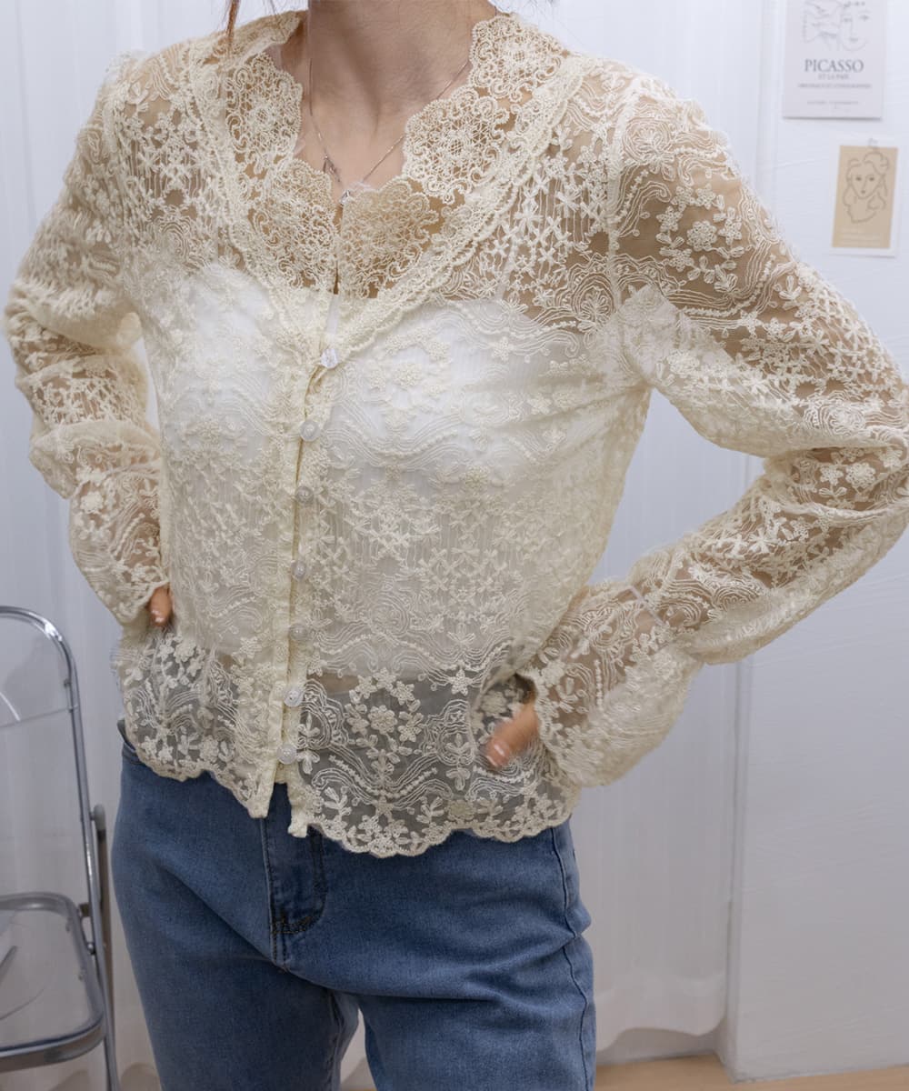 デート服春のデート服 花柄総レースブラウス透け感長袖トップス 春のデート