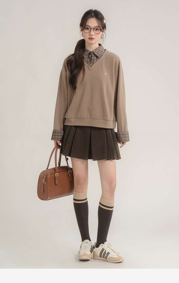 レイヤード風チェックシャツ付きトップス｜デート服