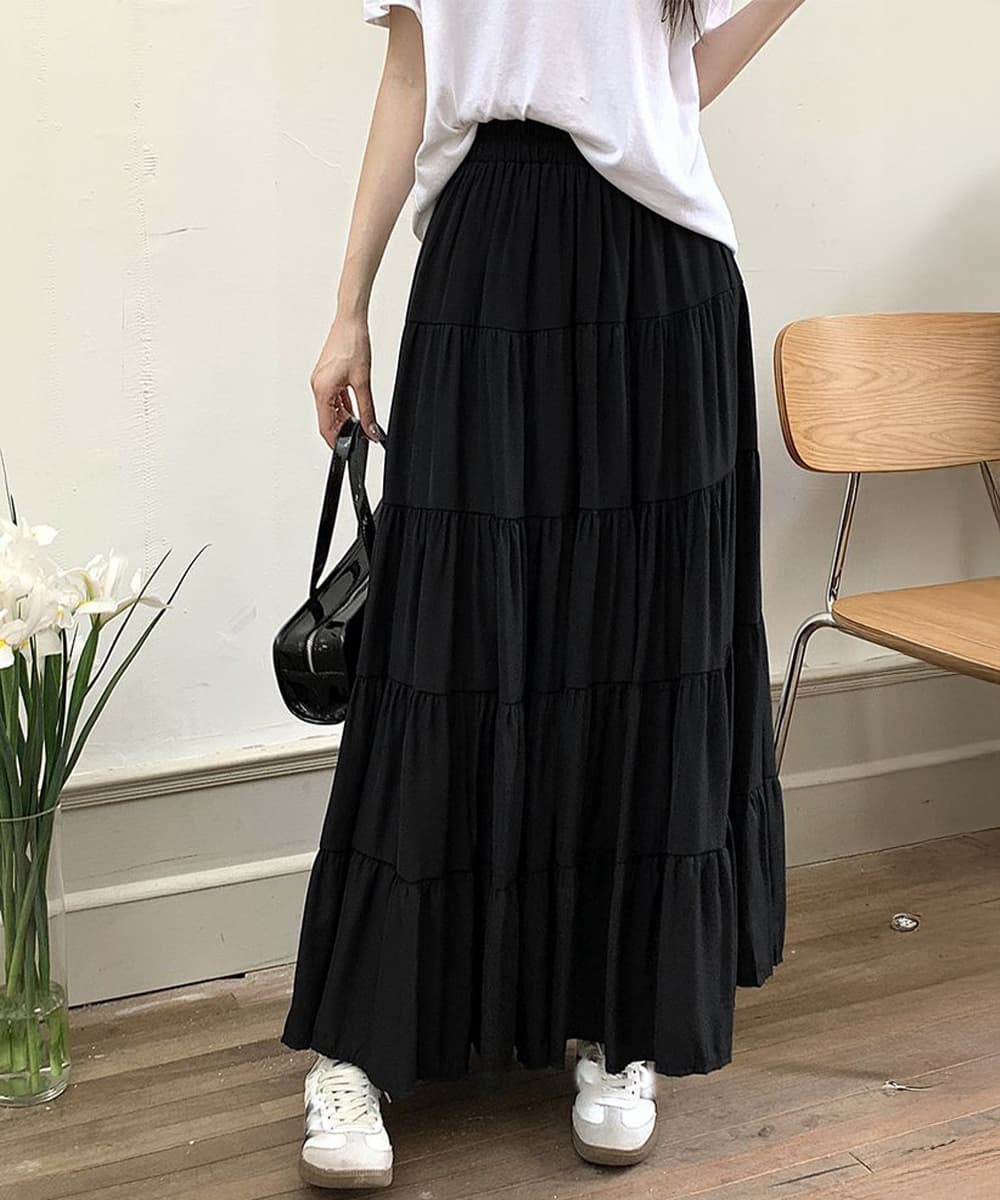 デート服 ふんわり五段ティアードスカート 韓国風ロング
