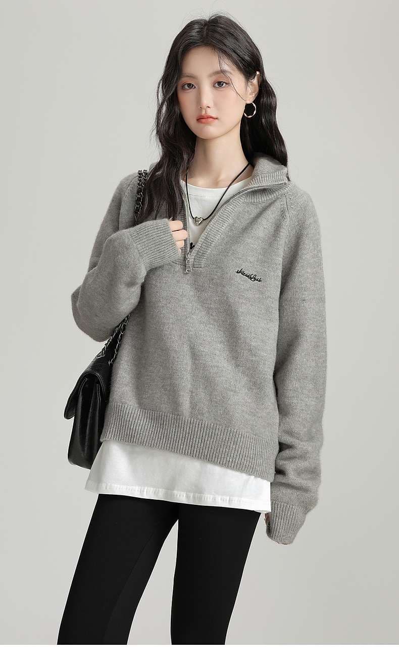 ゆったりハーフジップニットトップス｜デート服