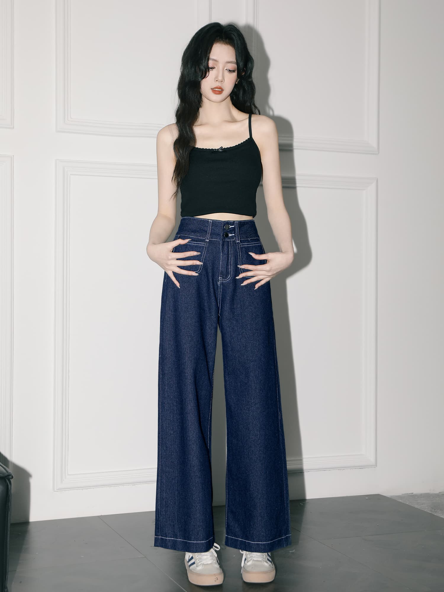 ハイウエストワイドデニムパンツ｜デート服