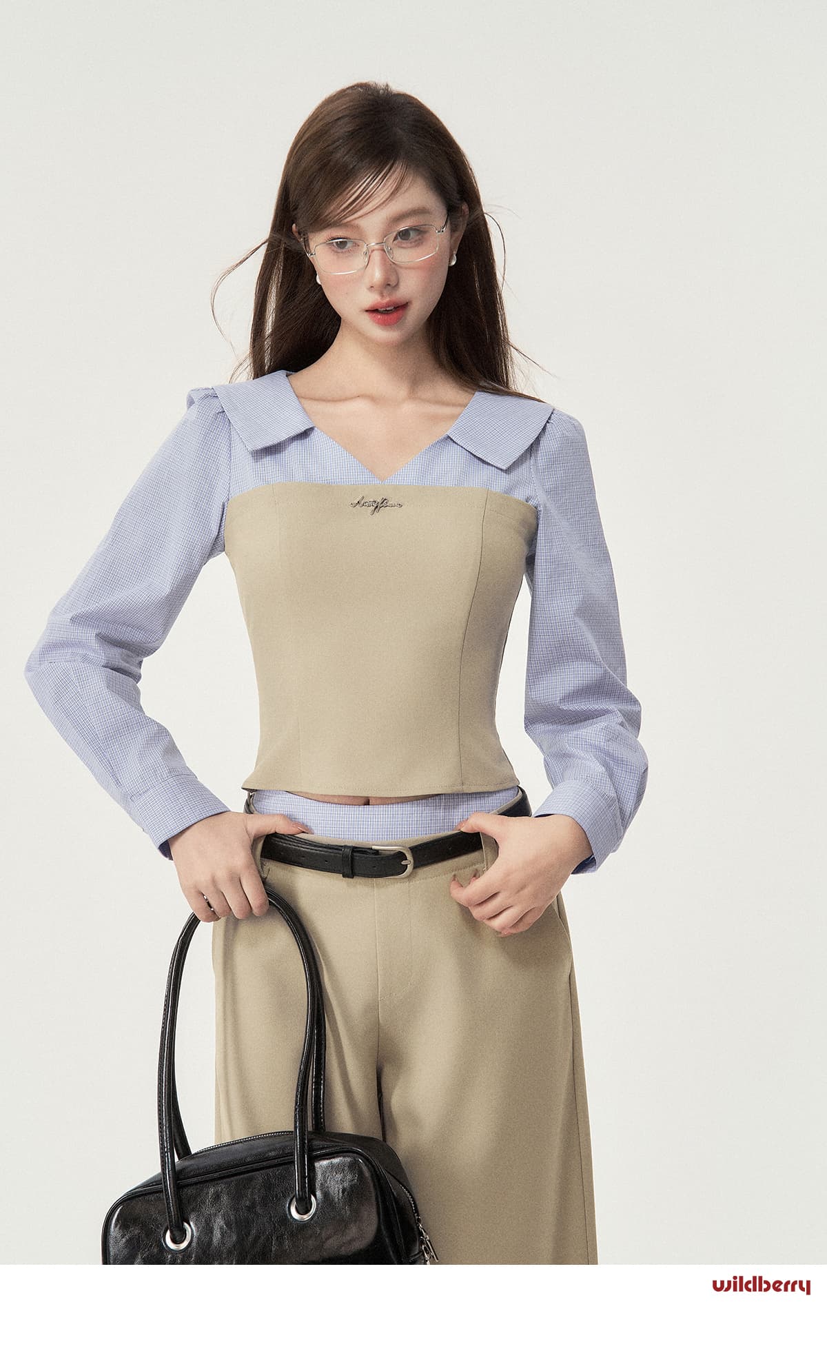 レイヤード風ドッキングトップス×ワイドパンツ セットアップ｜デート服