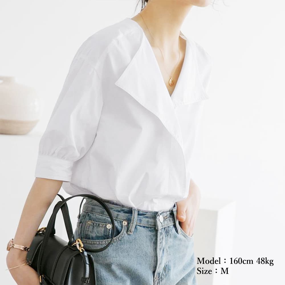 デート服 夏のデート向け Vネックシャツブラウス 上品半袖