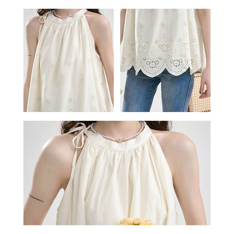 透かし模様入りホルターネックブラウス｜デート服