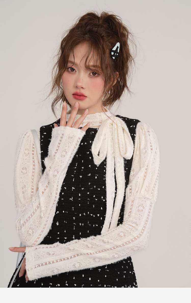 レーストップス＆ツイードミニワンピース セット｜デート服