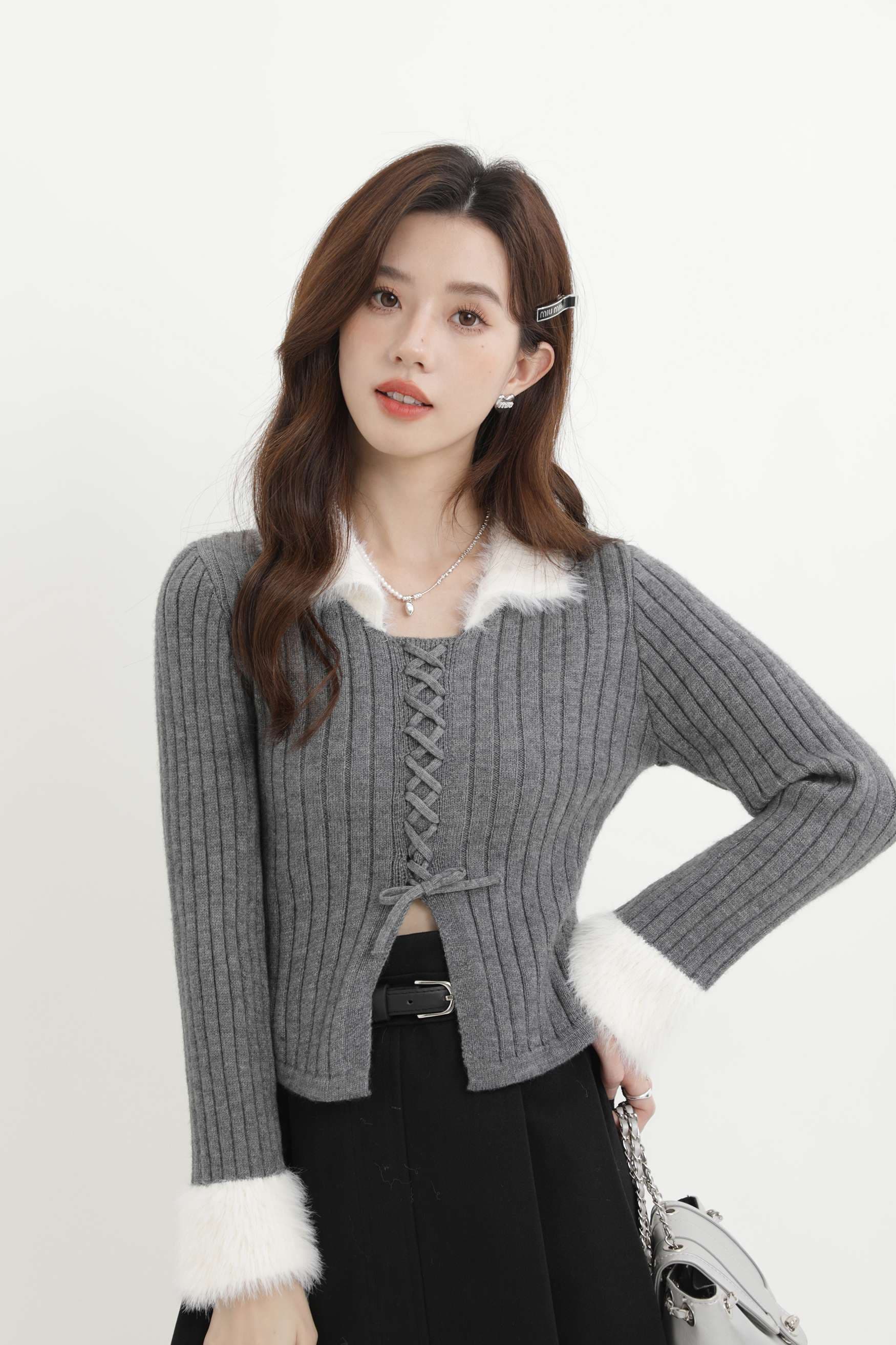 フェザー襟付きリブ編みレースアップニット｜デート服
