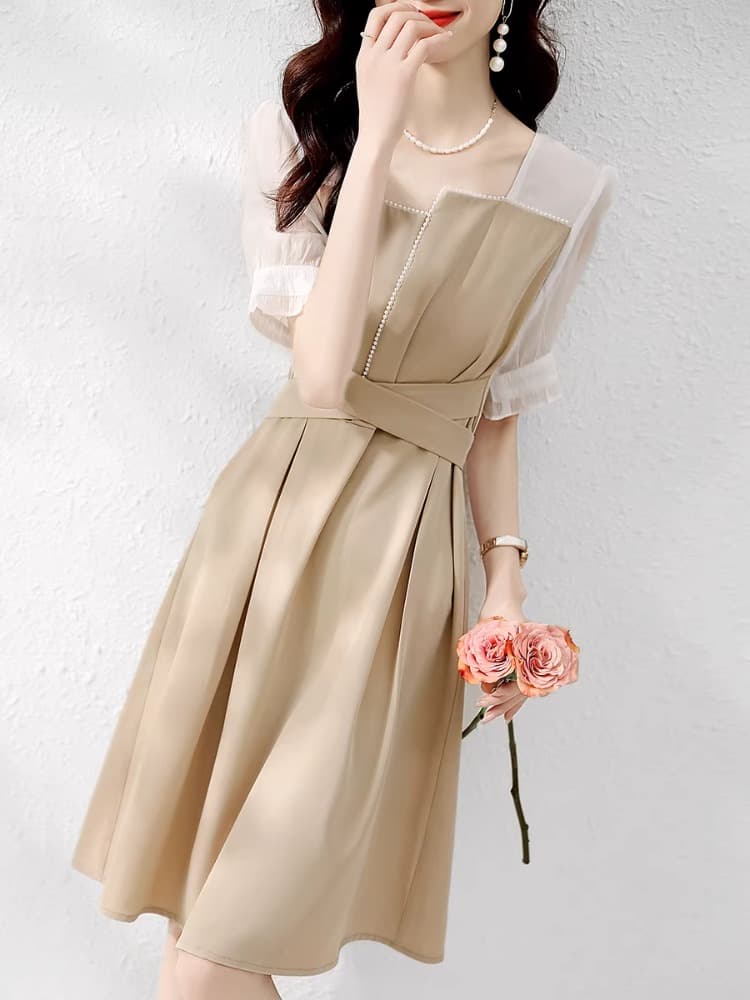 パールデザインシフォンワンピース｜デート服