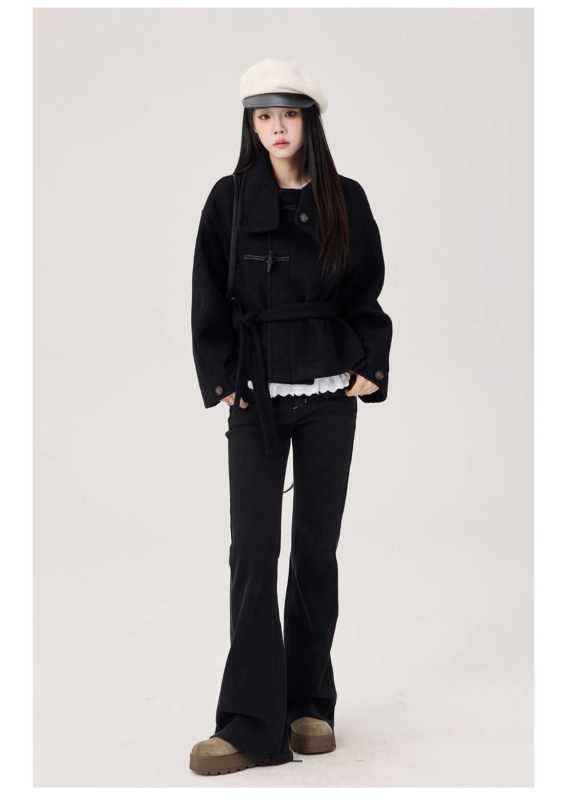 ウエストリボン付きダッフルショートコート｜デート服