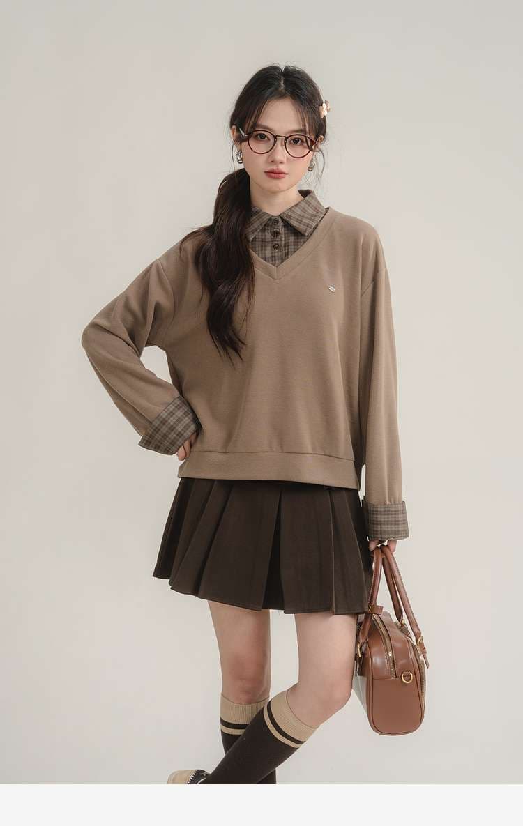 レイヤード風チェックシャツ付きトップス｜デート服