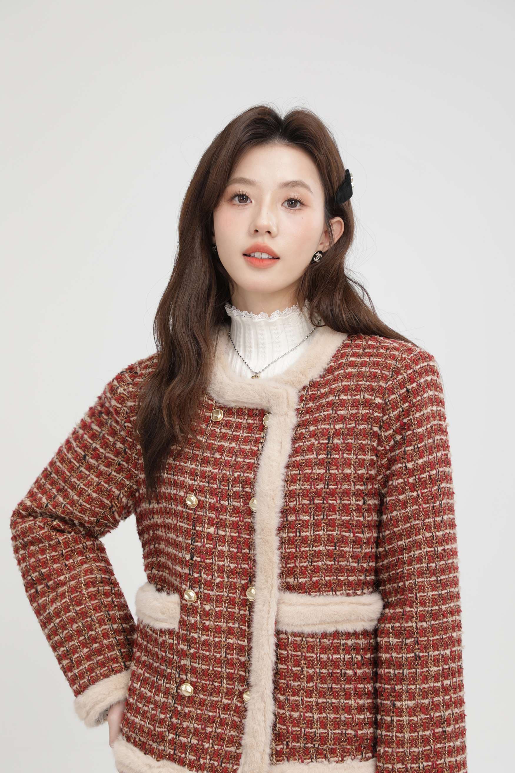 ファー付きツイードセットアップ｜デート服
