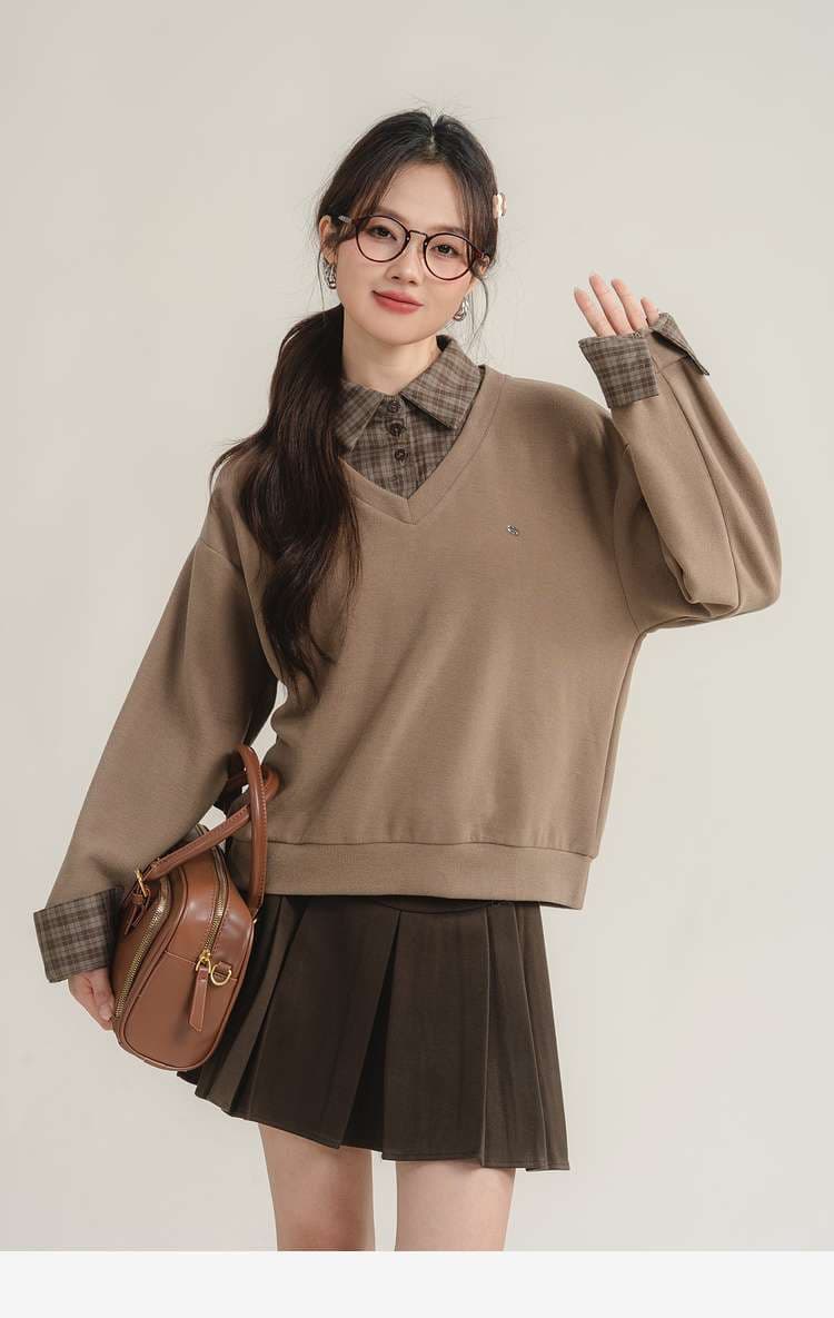 レイヤード風チェックシャツ付きトップス｜デート服