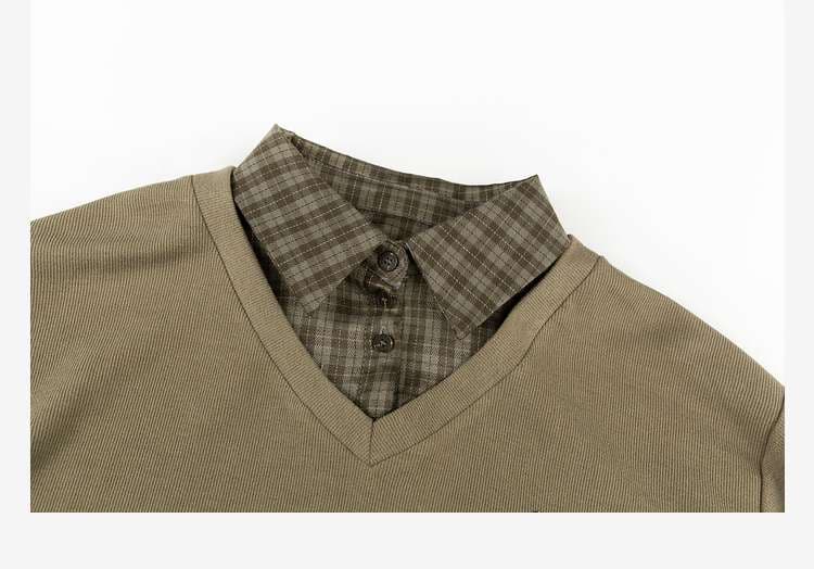 レイヤード風チェックシャツ付きトップス｜デート服