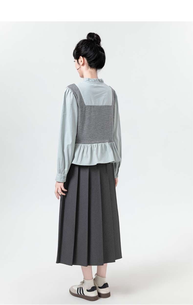 フリル付きシアーコンビネーション長袖ブラウス｜デート服