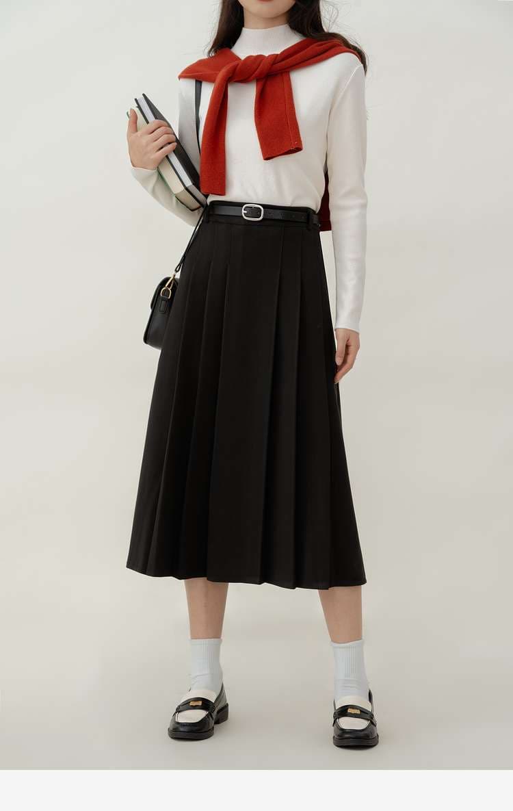 ベルト付きプリーツミディスカート｜デート服