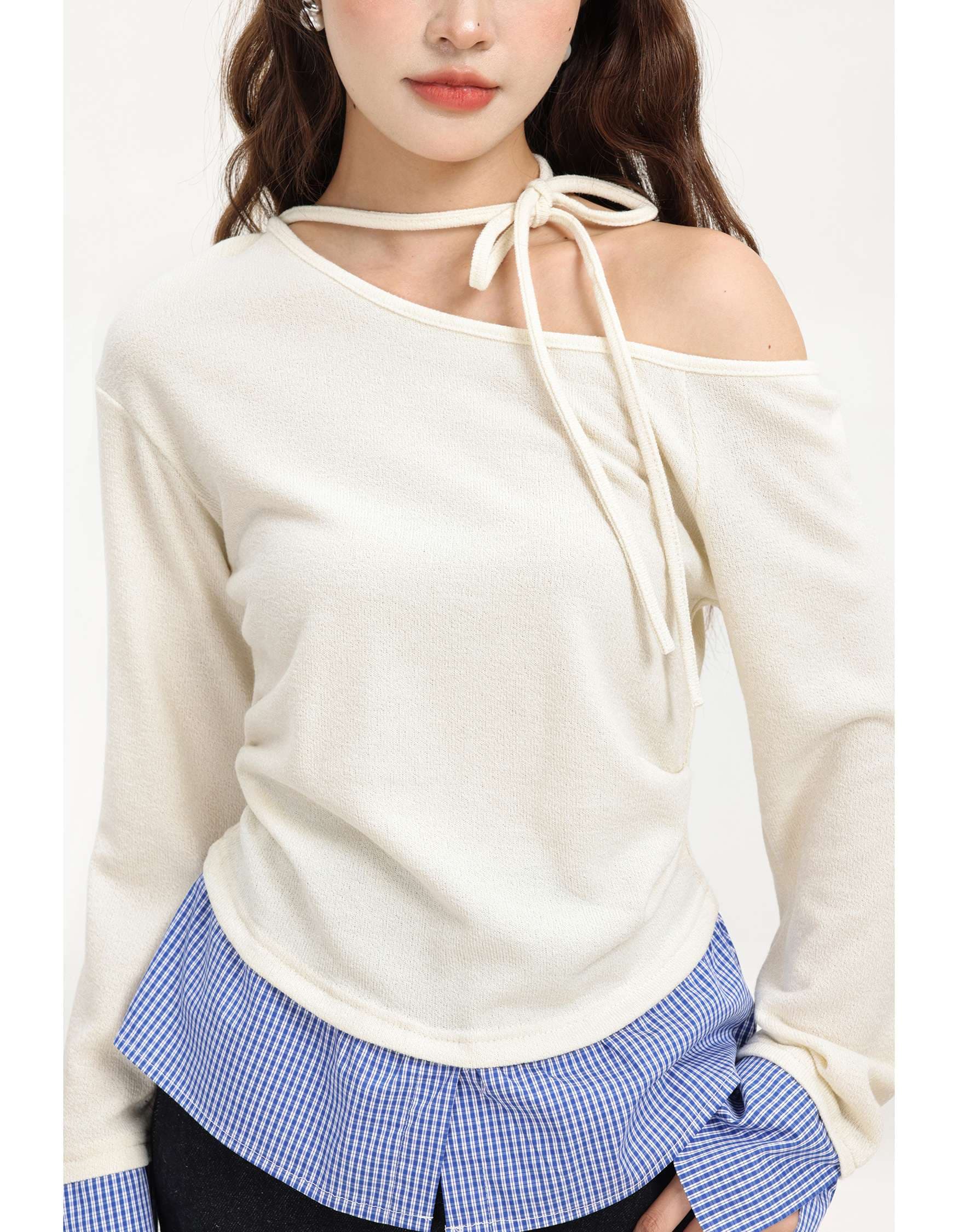 リボンタイオフショルダーレイヤードトップス｜デート服