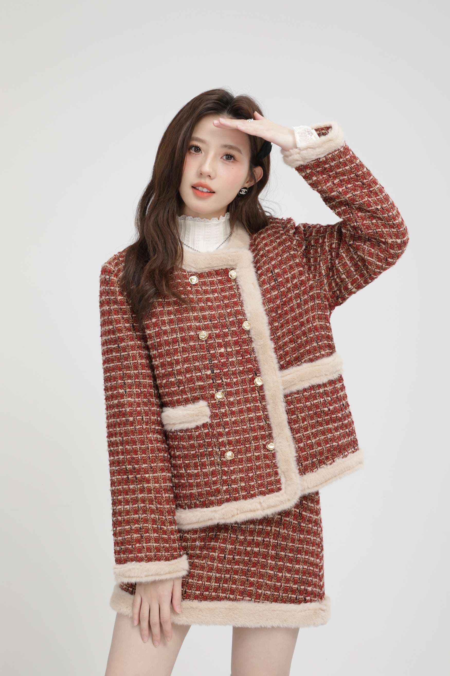 ファー付きツイードセットアップ｜デート服
