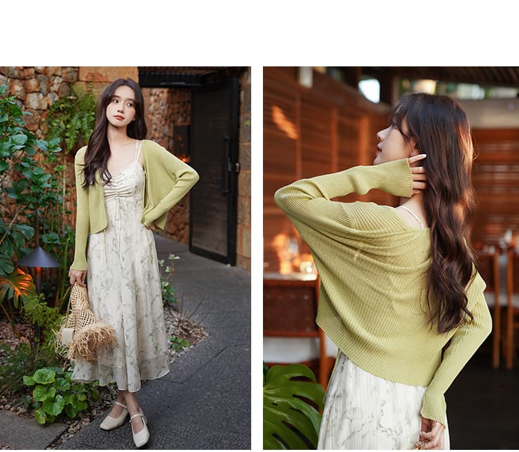 バッククロスキャミワンピース＆リブカーディガンセット｜デート服