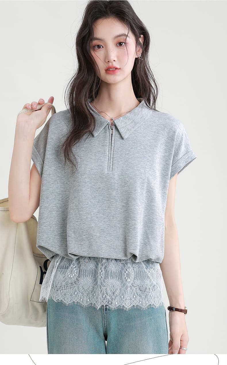 レースヘムジップポロトップス｜デート服