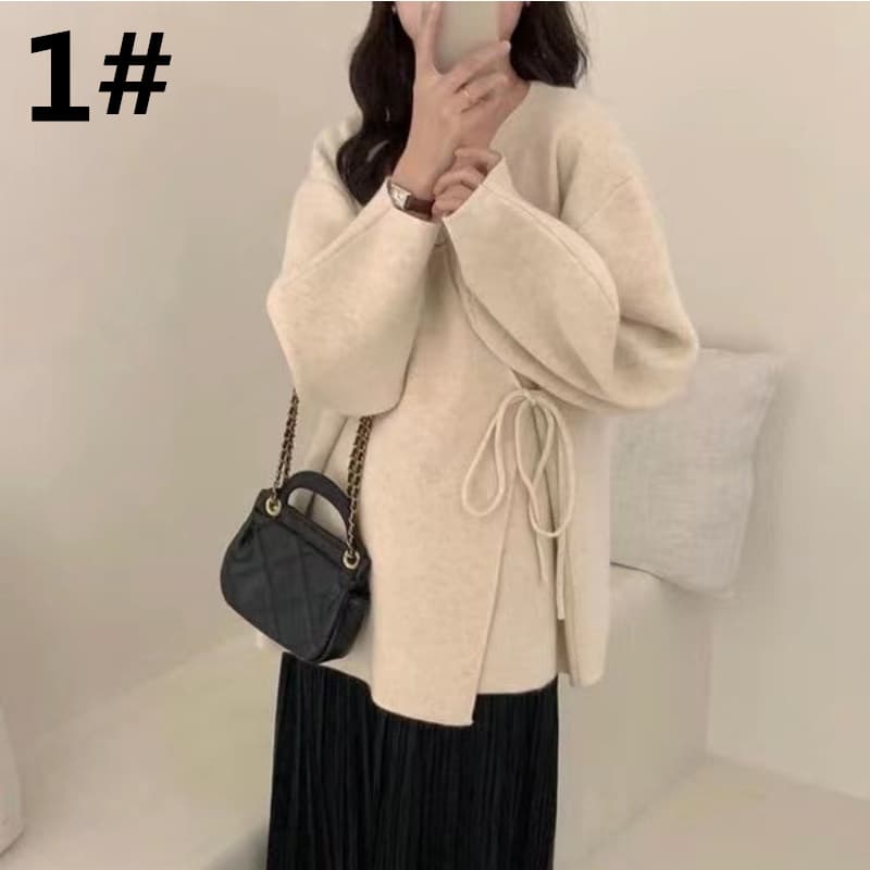 デート服秋のデート 秋冬 ゆったりニットカーディガン ウエストリボン付き
