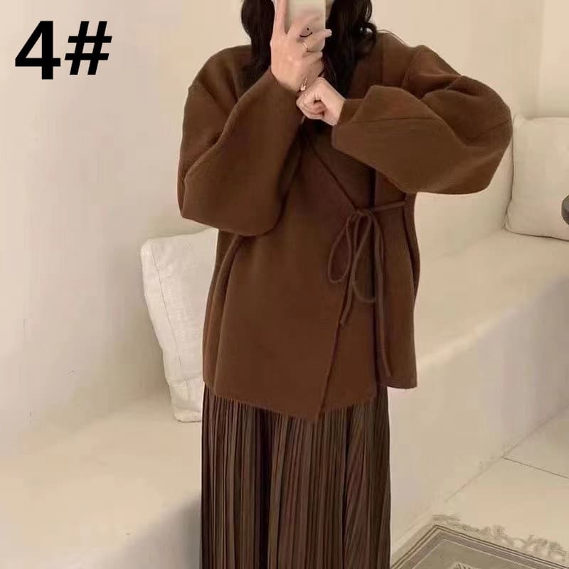 デート服秋のデート 秋冬 ゆったりニットカーディガン ウエストリボン付き