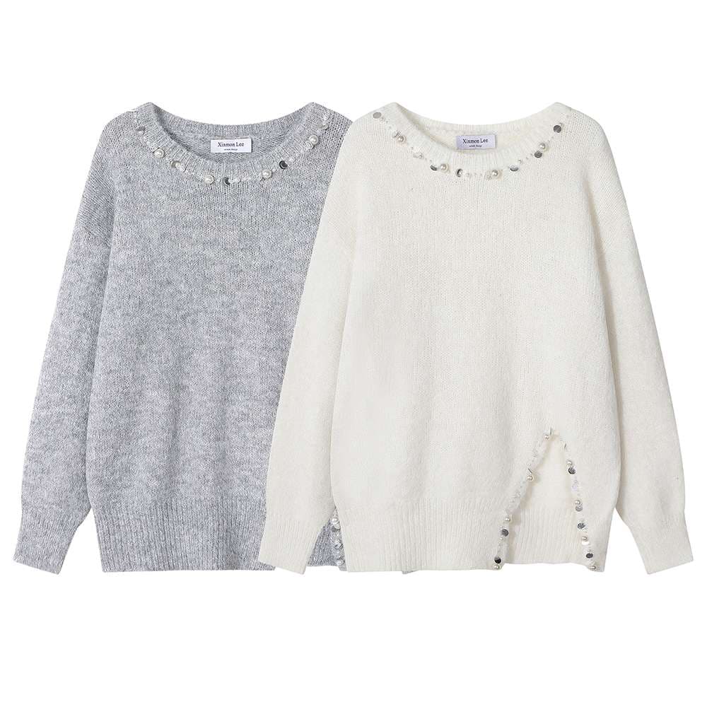 パールディテールアシンメトリーニット｜デート服
