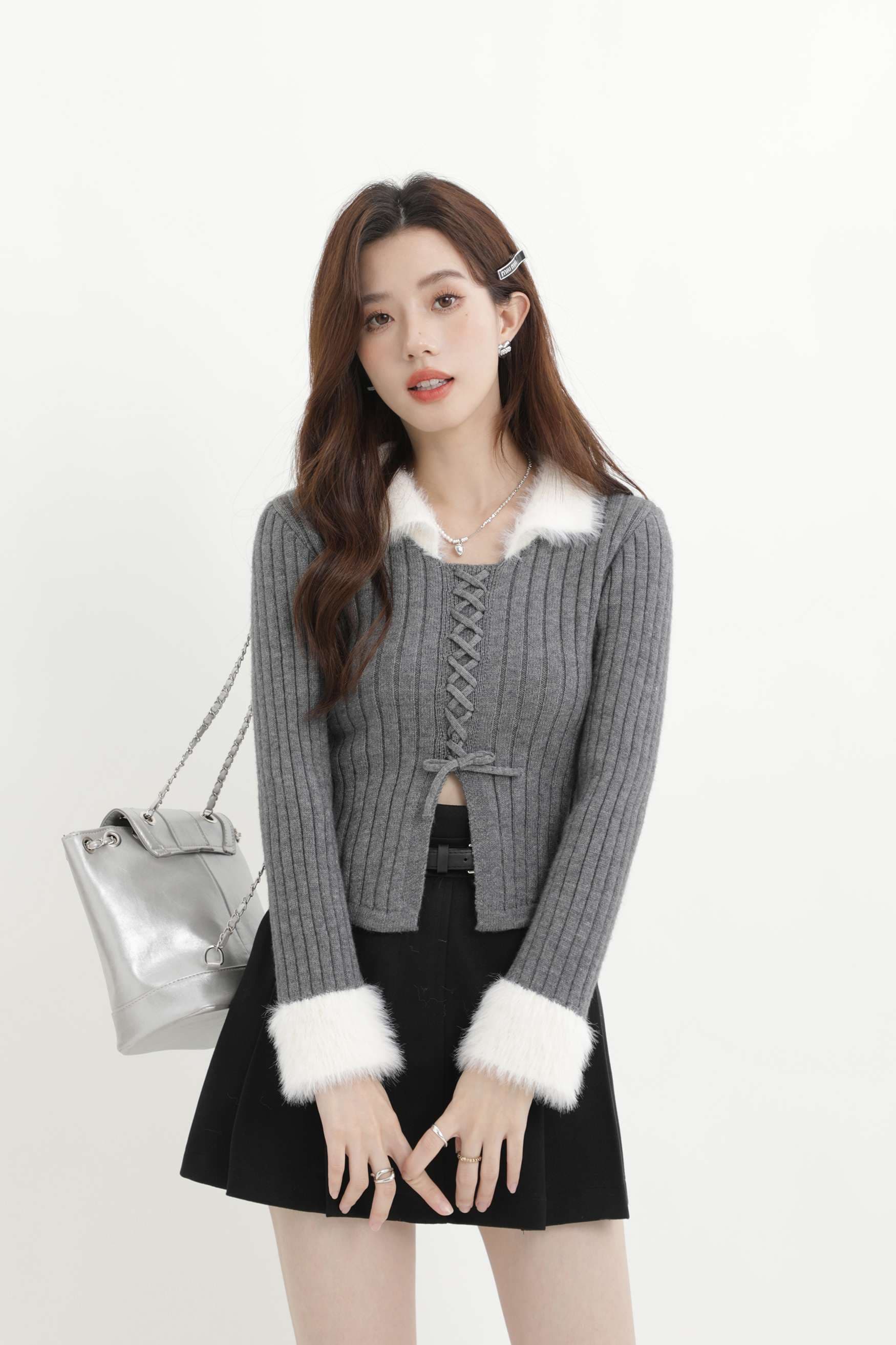 フェザー襟付きリブ編みレースアップニット｜デート服