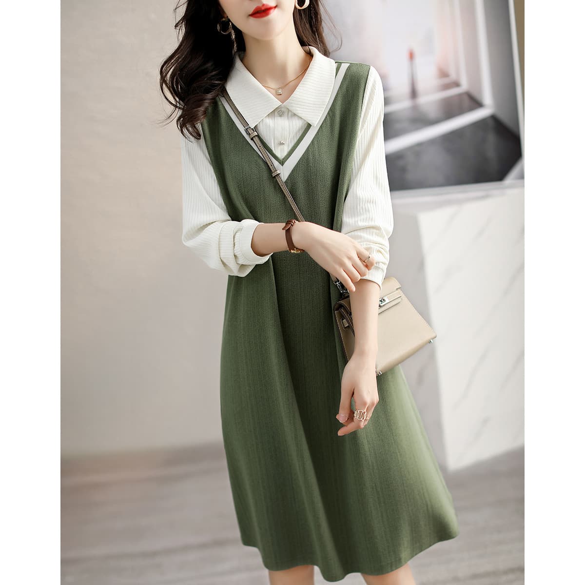 ポロカラーロングシャツ＆Vネックワンピースセット｜デート服