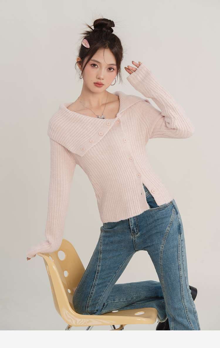 襟抜きリブカーディガン｜デート服