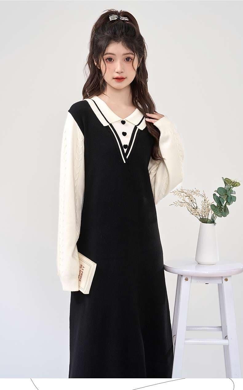 動きやすさもかわいさも叶う、襟付きバイカラーニットワンピース｜デート服