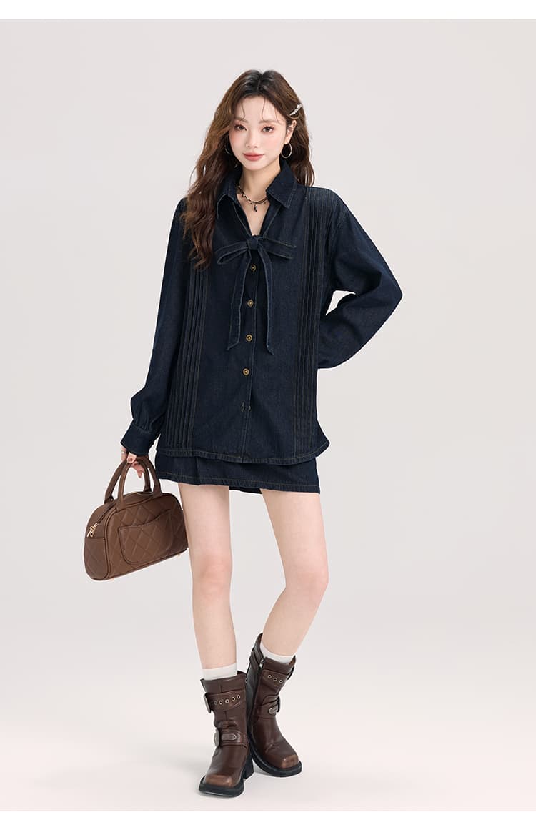 1着で好印象も着回し力も叶う、リボンタイデニムセットアップ｜デート服