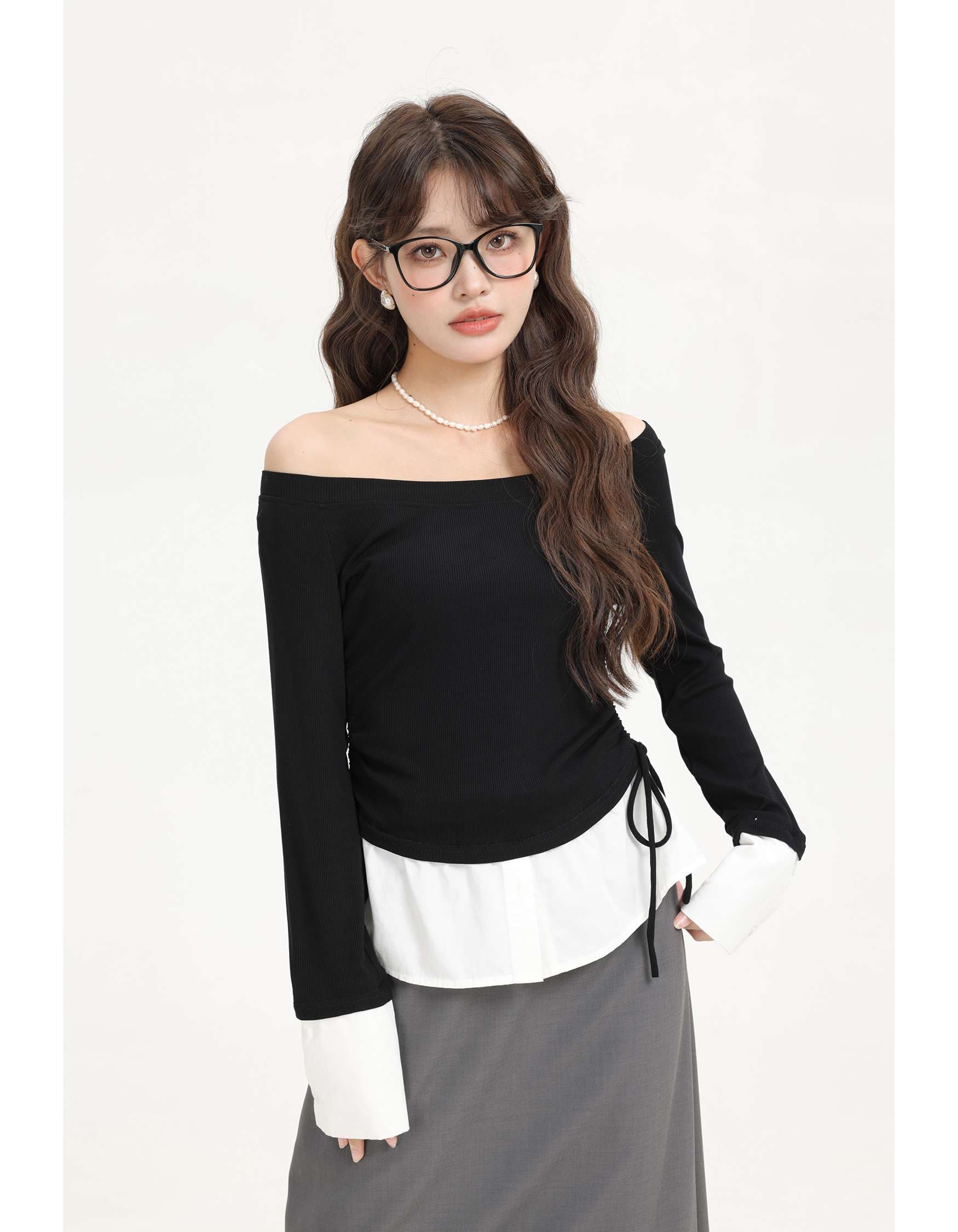 オフショルダードッキングリボントップス｜デート服