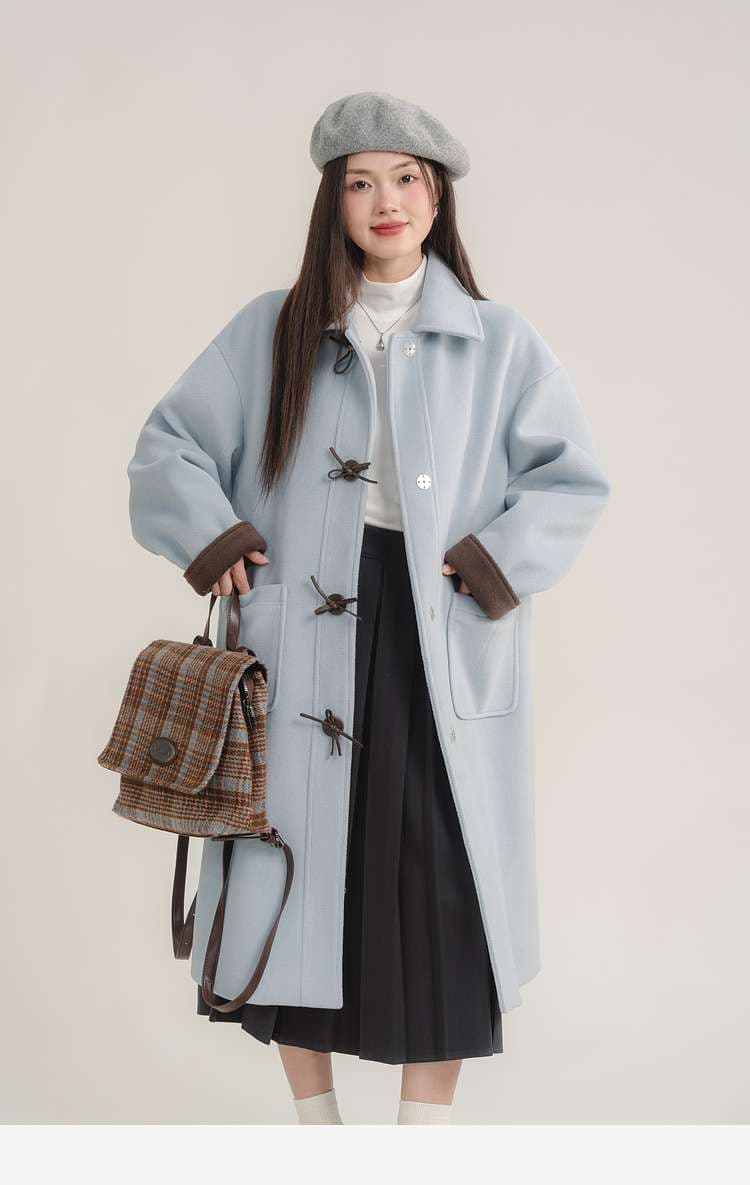 バイカラーダッフルロングコート｜デート服