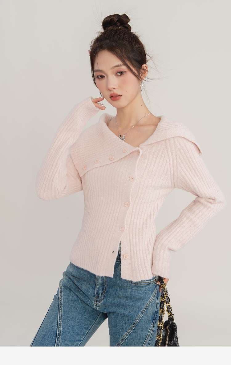 襟抜きリブカーディガン｜デート服