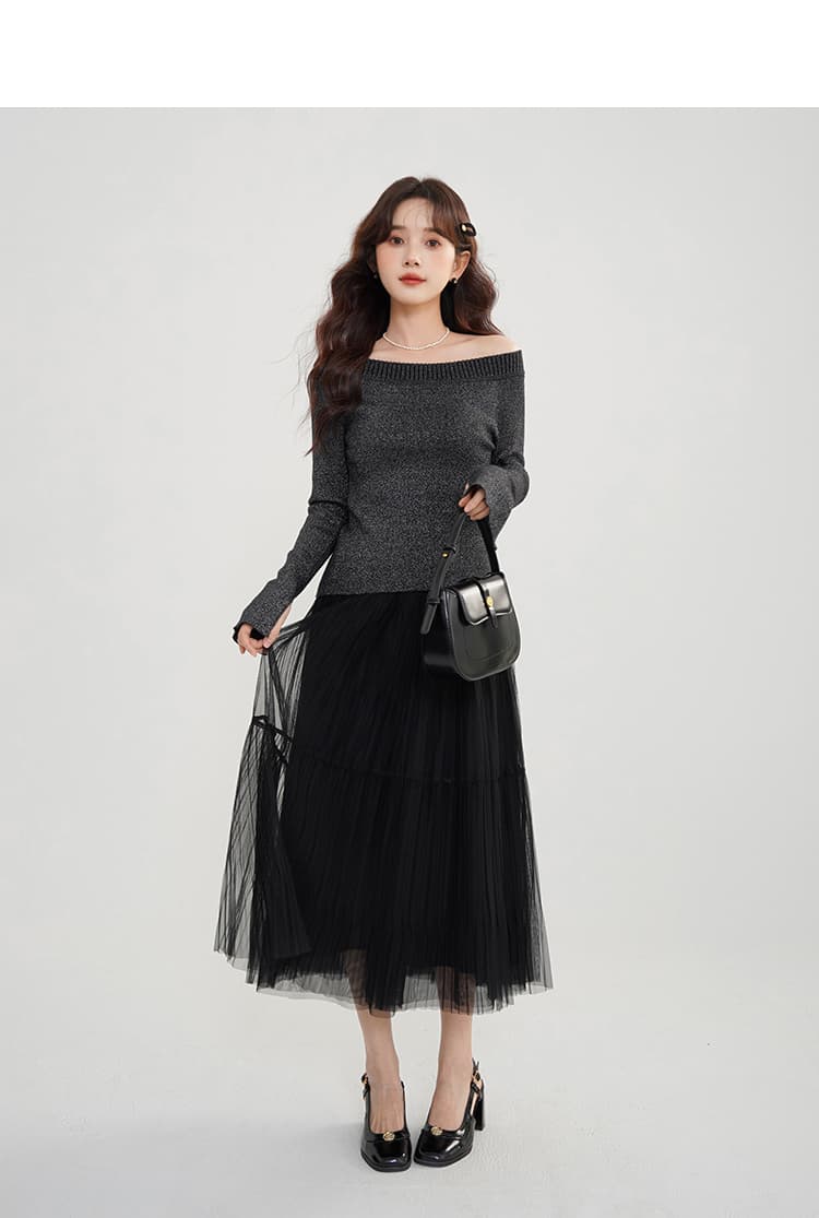 チュールプリーツロングスカート｜デート服