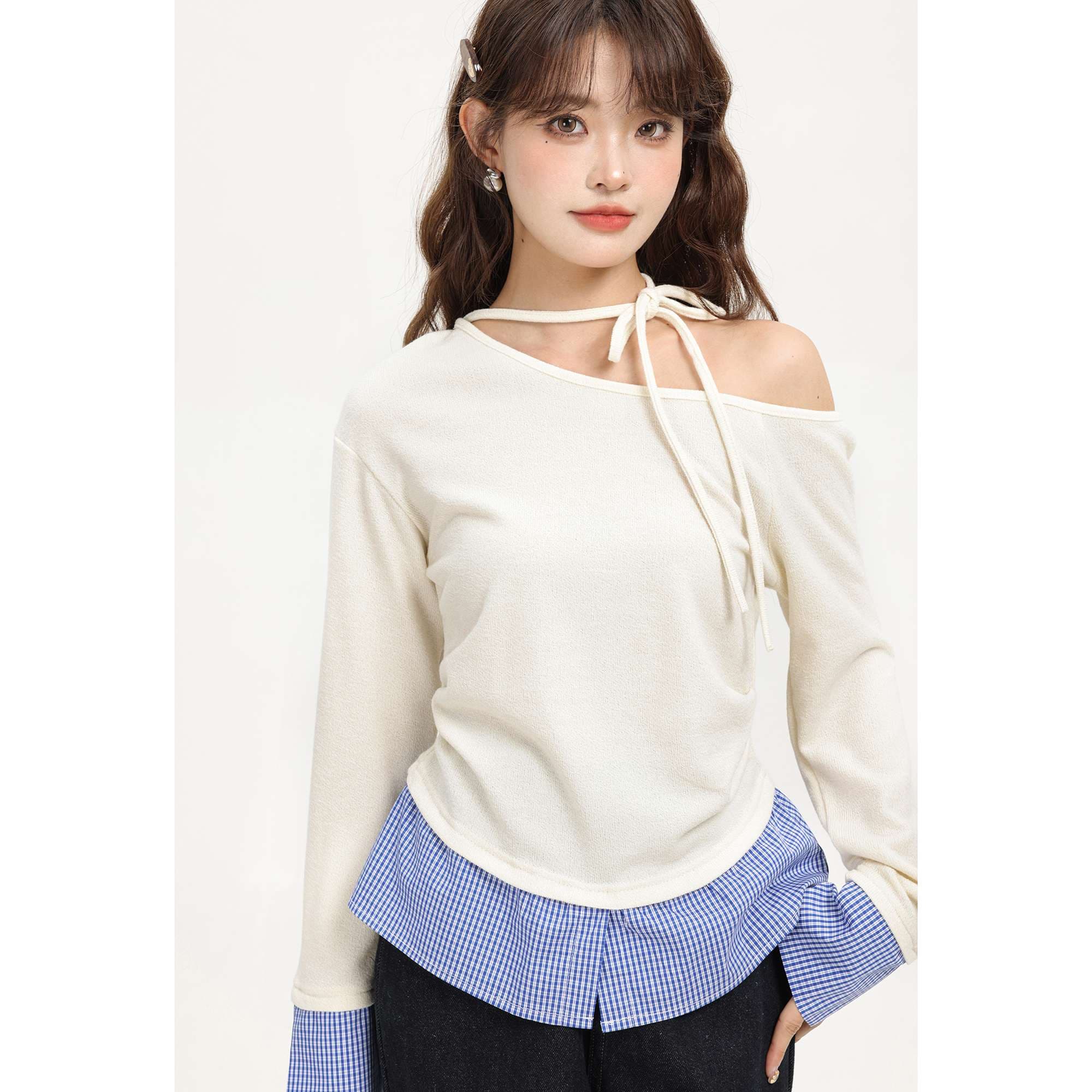 リボンタイオフショルダーレイヤードトップス｜デート服
