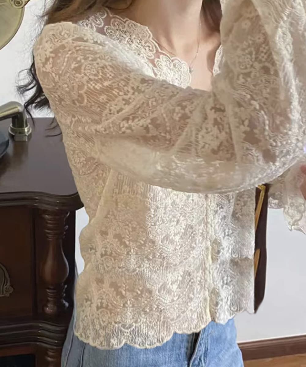 デート服春のデート服 花柄総レースブラウス透け感長袖トップス 春のデート