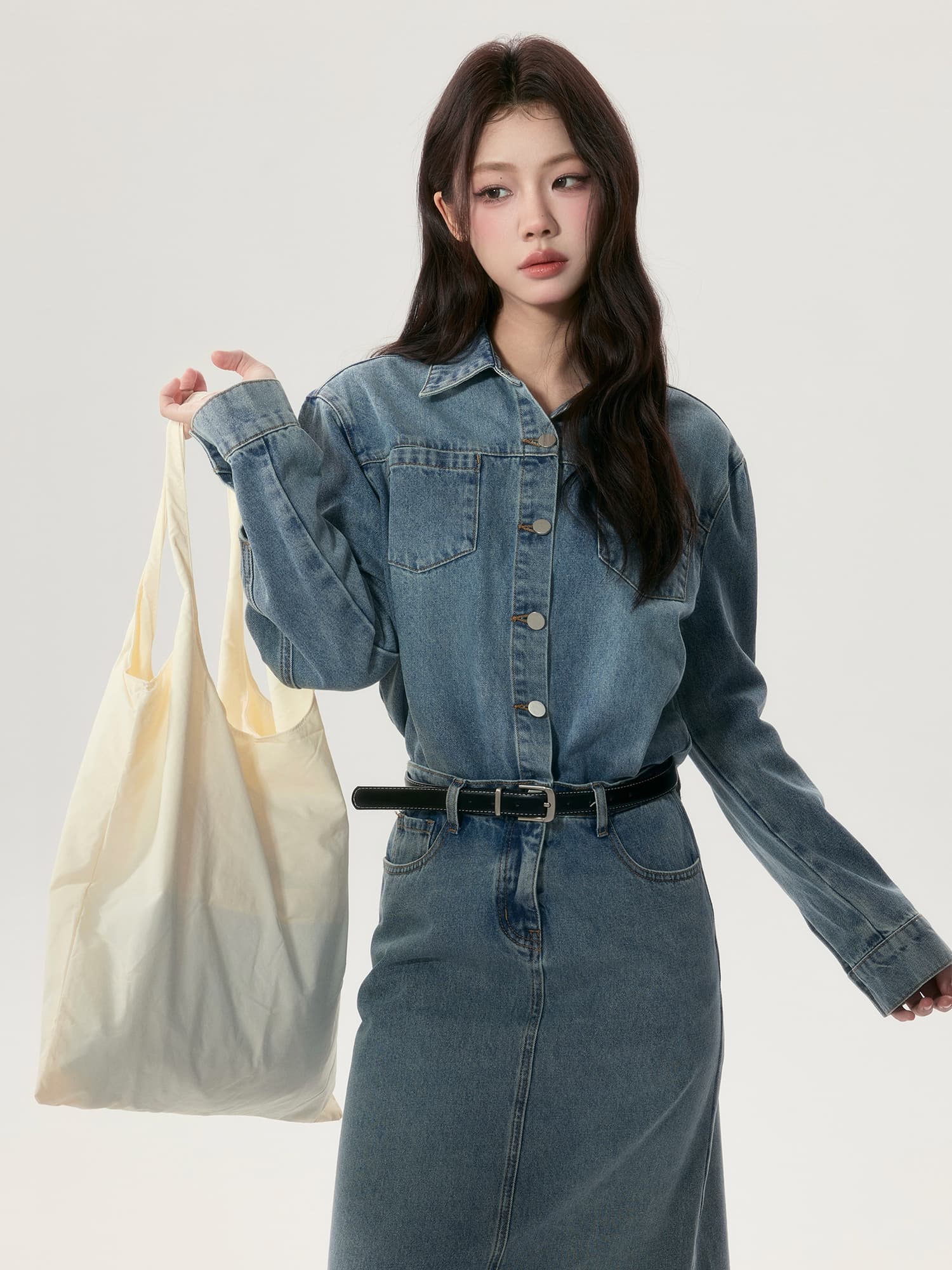 デニムシャツライクワンピース(ベルト付き)｜デート服