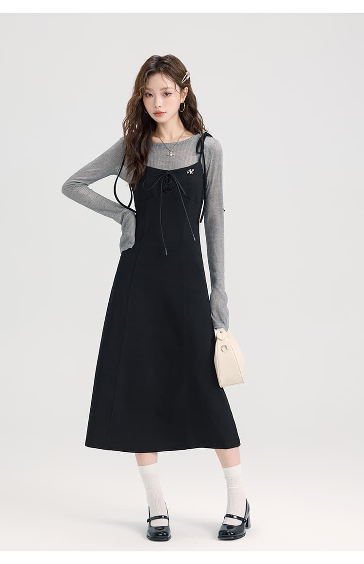 レースアップキャミワンピース＆シアーリブニットトップスセット｜デート服
