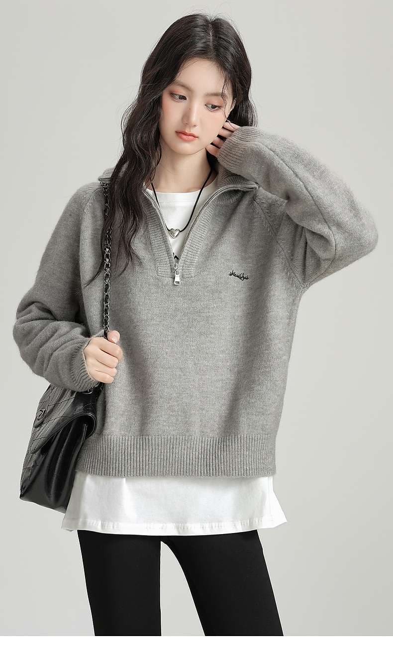 ゆったりハーフジップニットトップス｜デート服