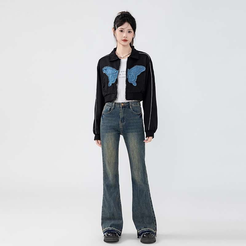 蝶々刺繍入りクロップドジャケット｜デート服