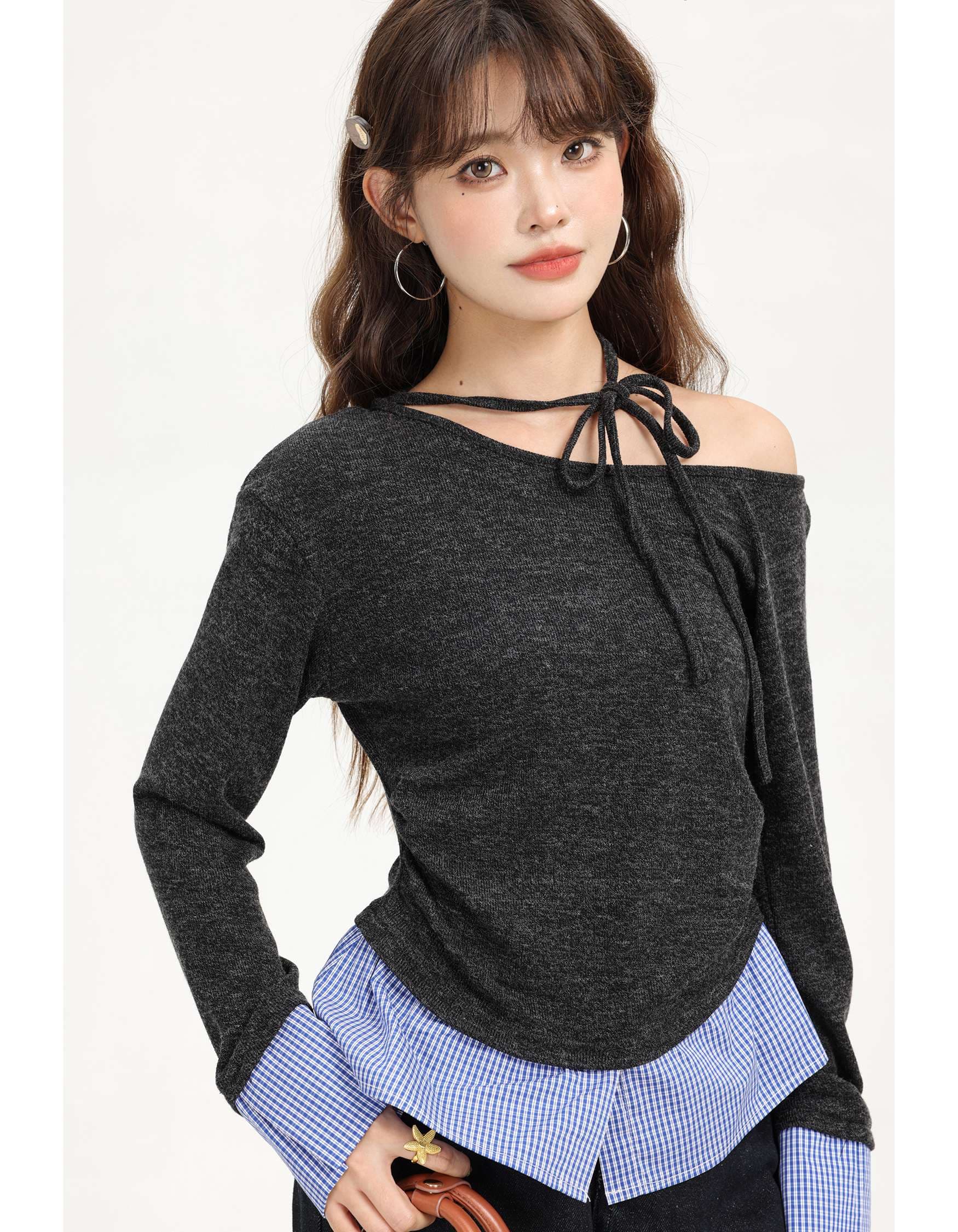 リボンタイオフショルダーレイヤードトップス｜デート服